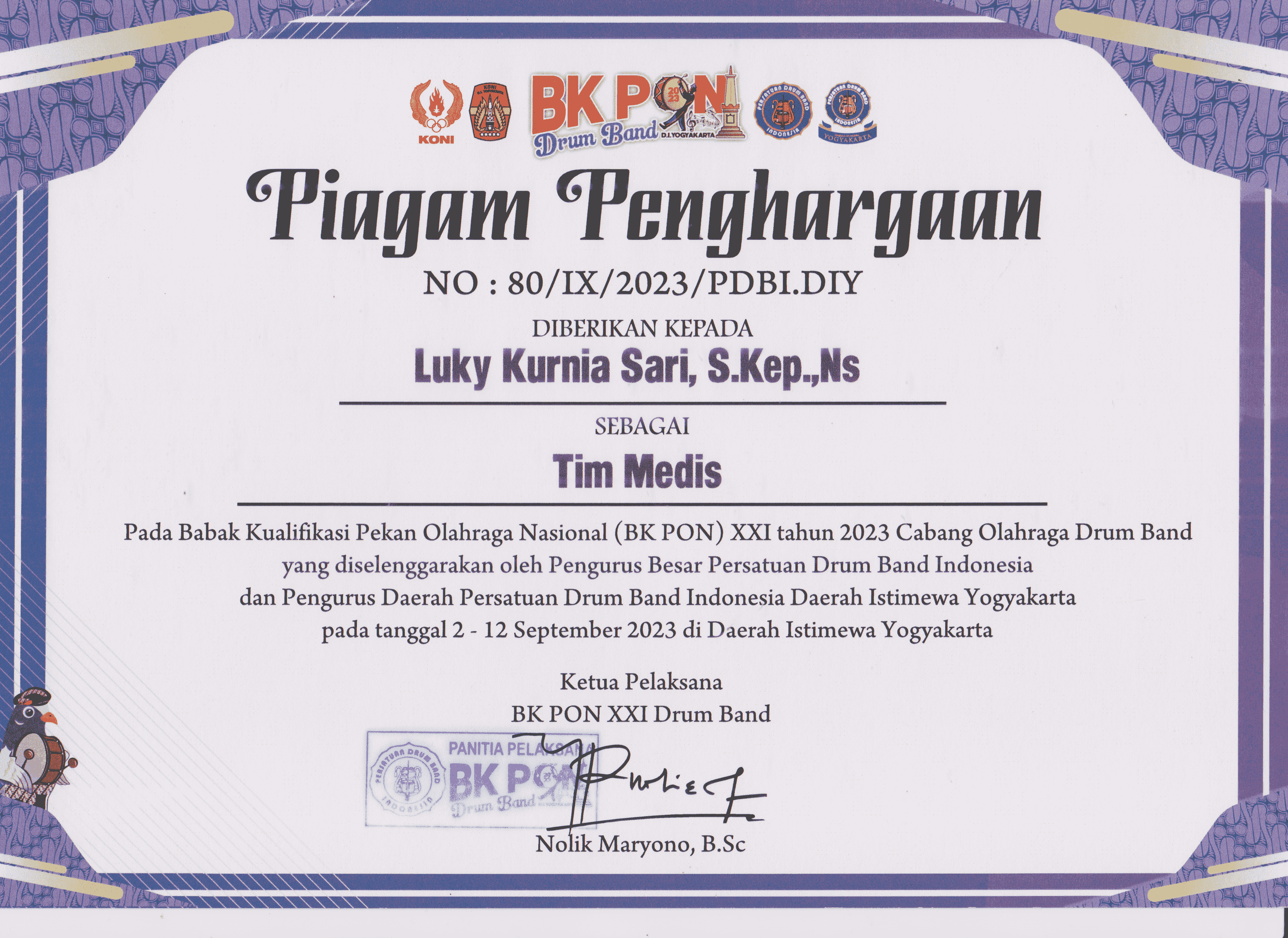 Piagam Penghargaan Bababk Kualifikasi Pekan Olahraga Nasional