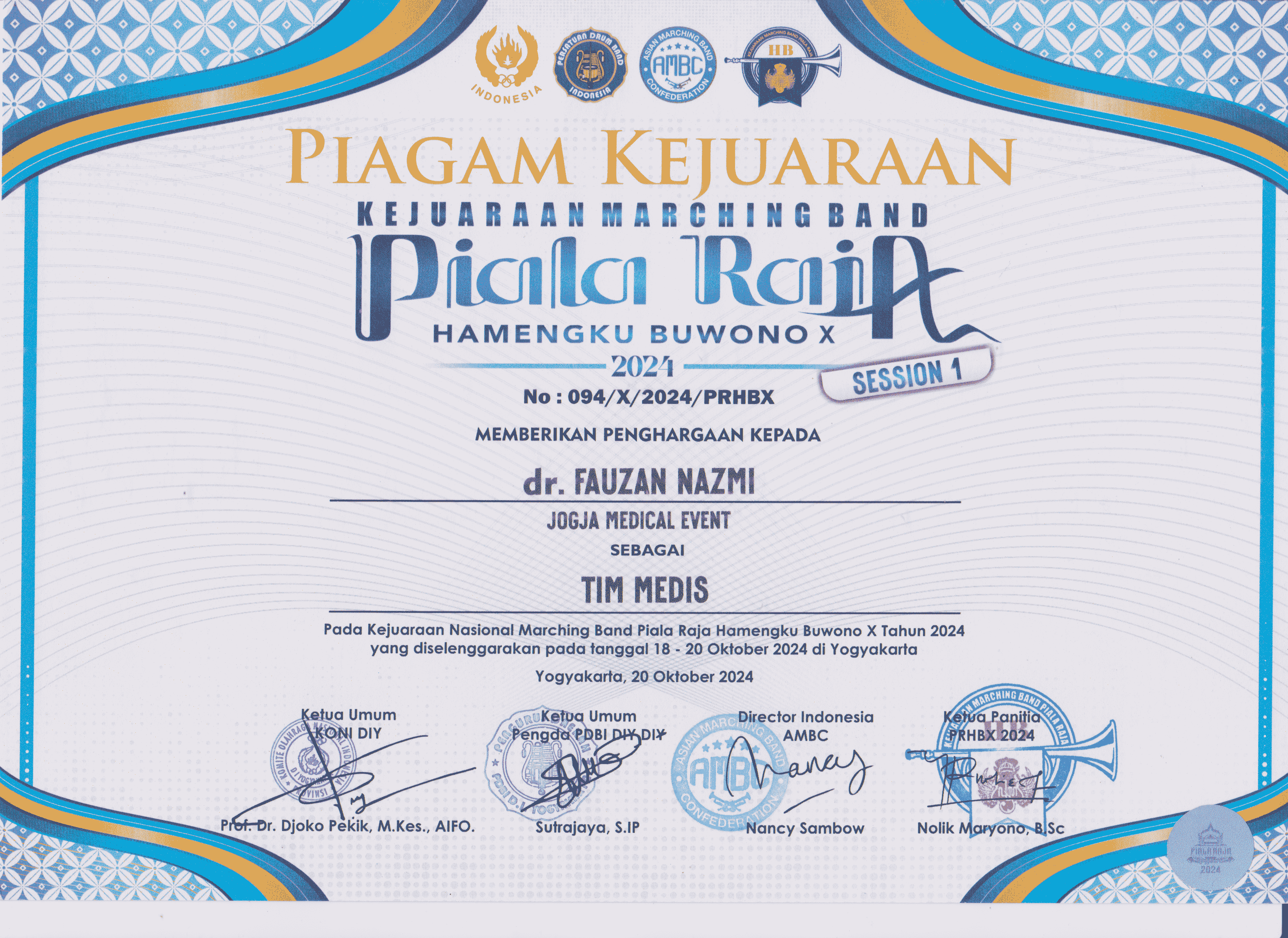 Piagam Kejuaraan Marching Band Piala Raja